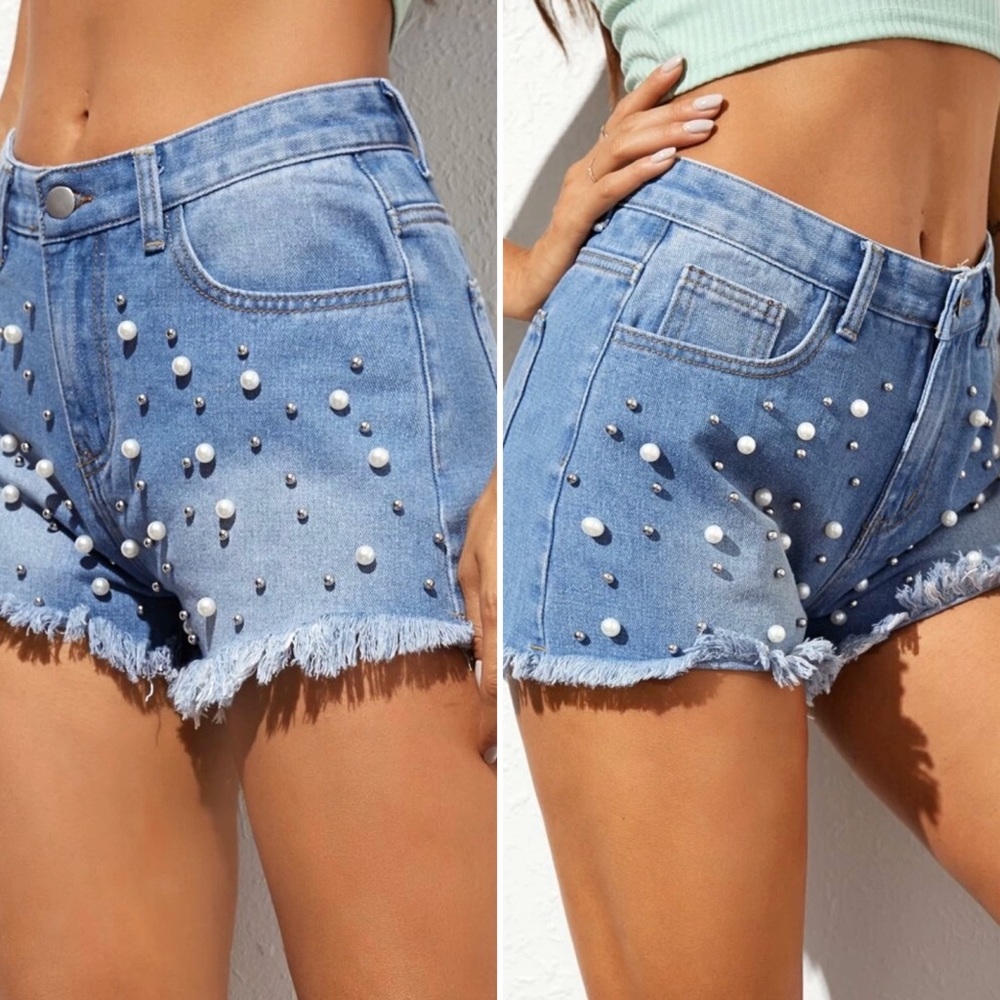 Pearl Beaded Denim Shorts - Picture 1 of 5